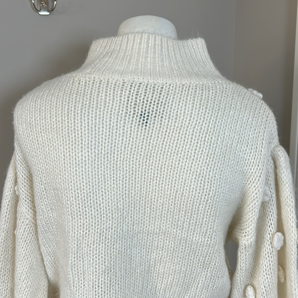 Farm Rio Floral Applique Lantern Sleeve Sweater Cream Mock Neck Trendy Sz S - Picture 8 of 16